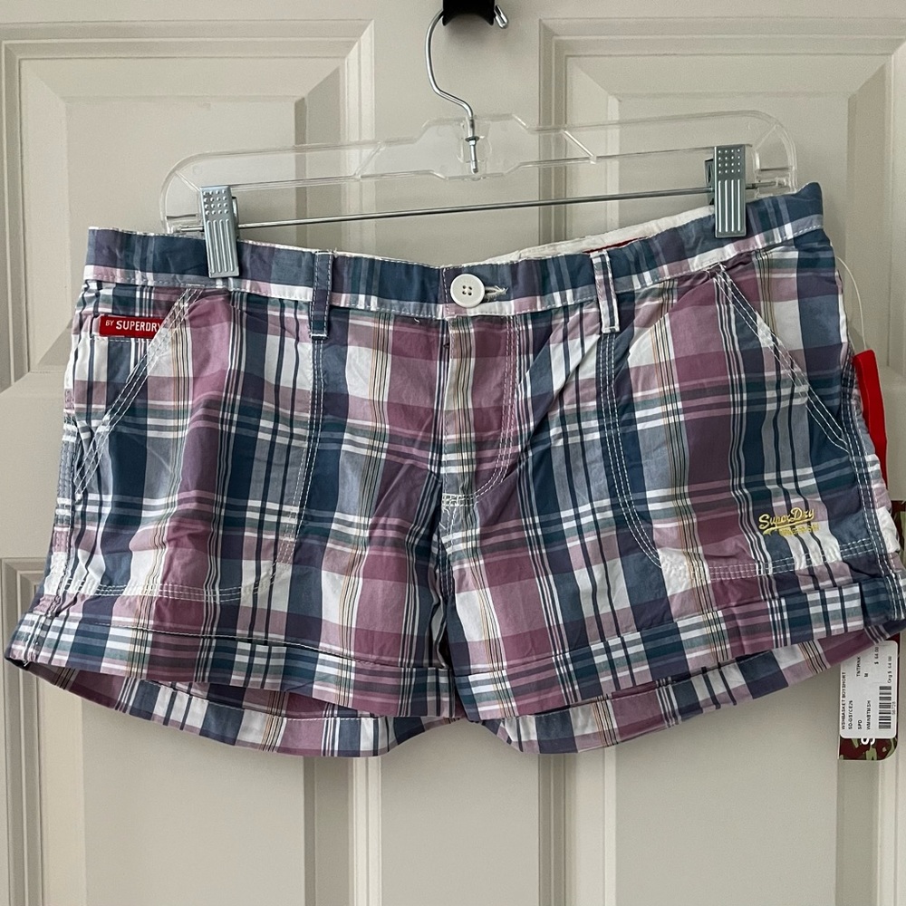 NWT Preppy Superdry plaid shorts, size M pink/blue/white Summer